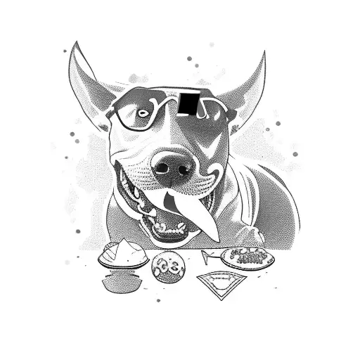 A fierce Bull terrier wearing a League of Legends jersey, surrounded by pixelated food items tattoo design idea