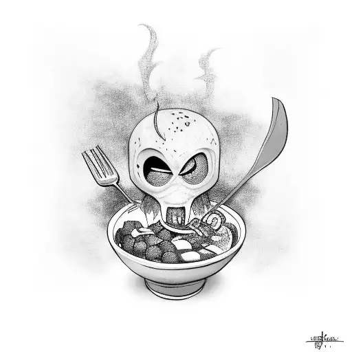 A realistic black-grey tattoo of Zac, the League of Legends character, enjoying a bowl of food tattoo design idea