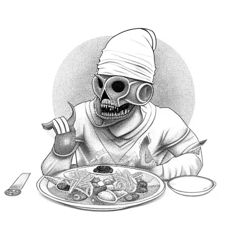 A realistic black-grey tattoo of Zac, the League of Legends character, enjoying a bowl of food tattoo design idea