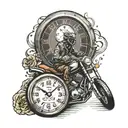a guy wheeling a dirt bike a speedometer at 60 mph a money rose and a clock tattoo design idea
