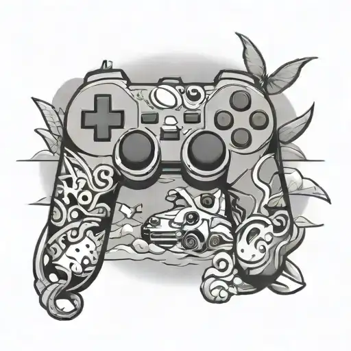 A tattoo of a gaming controller intertwined with pokemon characters, set against a beach background tattoo design idea