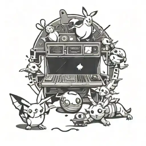 A sketch-style tattoo of a bowling alley filled with pokemon characters playing a game, with gaming consoles scattered around tattoo design idea