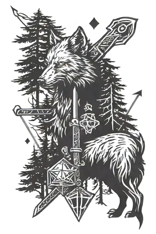 dice d20, wolf. fir trees black forrest, sword. axe tattoo design idea