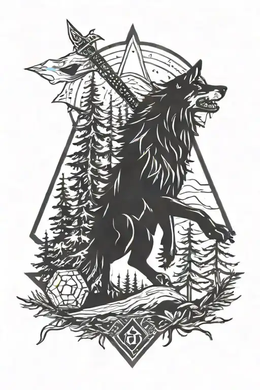dice d20, wolf. fir trees black forrest, sword. axe tattoo design idea