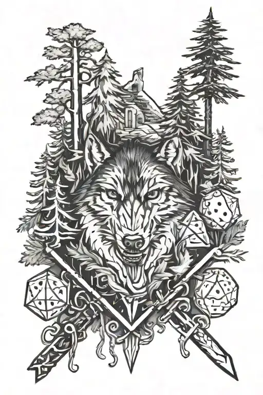 dice d20, wolf. fir trees black forrest, sword. tattoo design idea