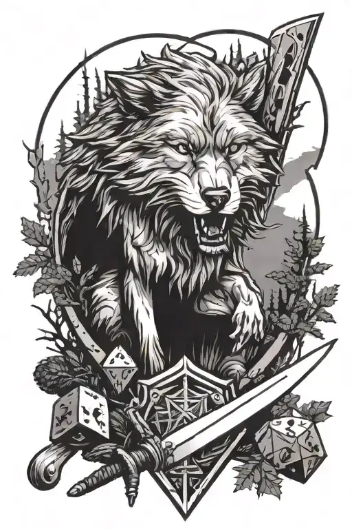dice d20, wolf. fir trees black forrest, sword. axe tattoo design idea