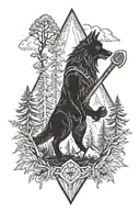 dice d20, wolf. fir trees black forrest, sword. axe tattoo design idea