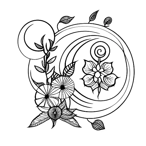 small moon with leafy vines and flowers tattoo design idea