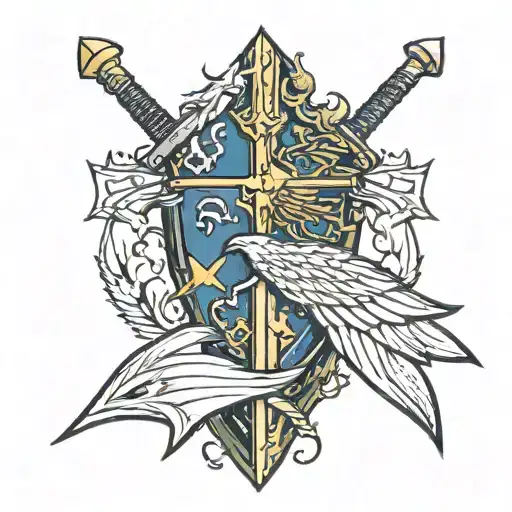 a spiked medieval mace with wear  and shield with cracks and arrows with an eagle on the sheild tattoo design idea