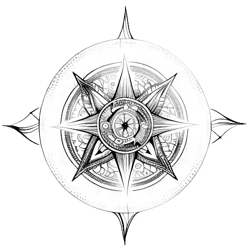 An intricate compass design with water ripples and hiking symbols incorporated tattoo design idea