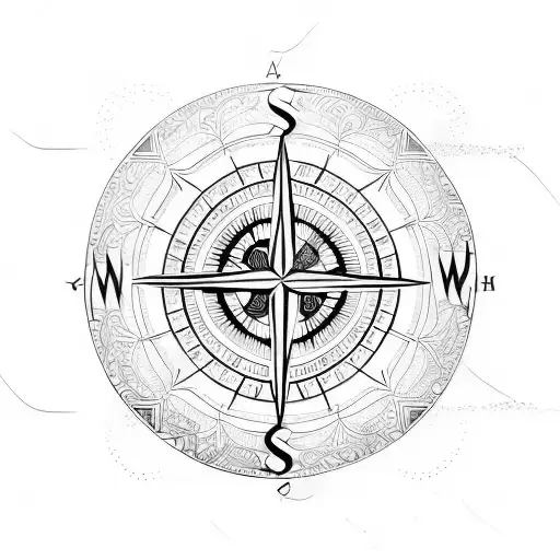 An intricate compass design with water ripples and hiking symbols incorporated tattoo design idea