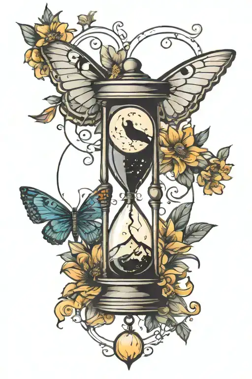 sun and moon hourglass with moth emerging tattoo design idea