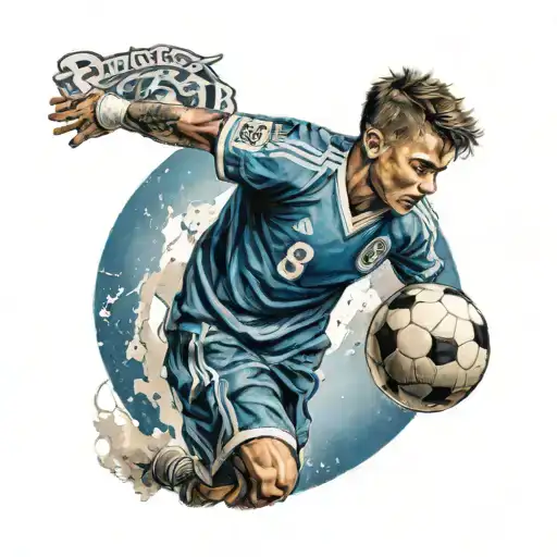a back tattoo of a young boy wearing a blue soccer uniform with the number 8 on his shirt holding a ball on his arm whil tattoo design idea