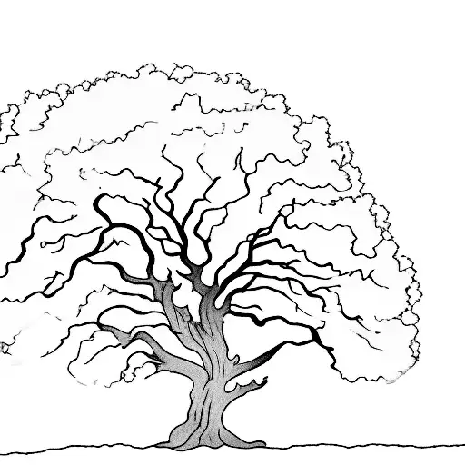 A minimalist tattoo depicting a majestic oak tree standing tall amidst a serene natural landscape, symbolizing the enduring bond of family. tattoo design idea