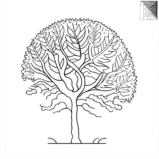 A minimalist tattoo of a strong oak tree surrounded by vibrant green leaves to represent the importance of family and resilience. tattoo design idea