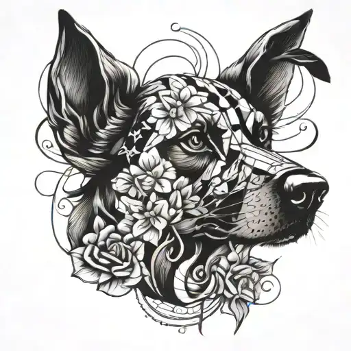 can you make me a traditional patchwork tattoo that looks like elvis but with a dog's head? tattoo design idea