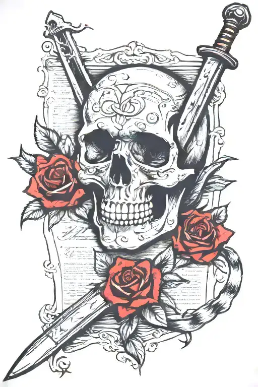 skull,newspaper,sword and red rose tattoo design idea