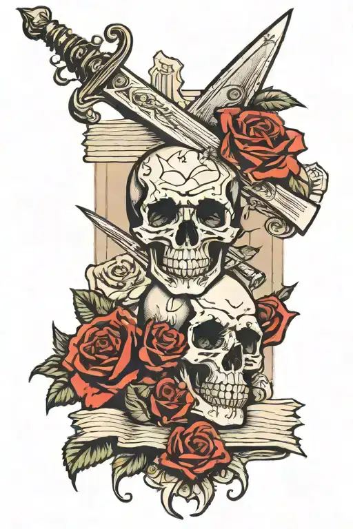 skull,newspaper,sword and red rose tattoo design idea