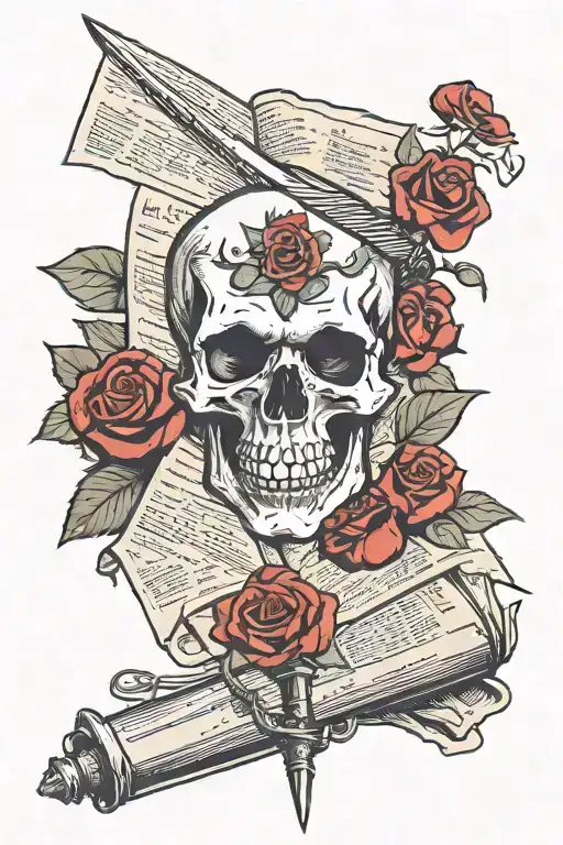 skull,newspaper,sword and red rose tattoo design idea