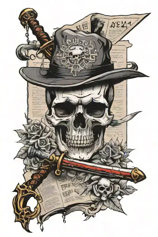 skull,newspaper,sword and haç arka plan tattoo design idea