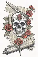 skull,newspaper,sword and red rose tattoo design idea