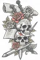 skull,newspaper,sword and red rose tattoo design idea