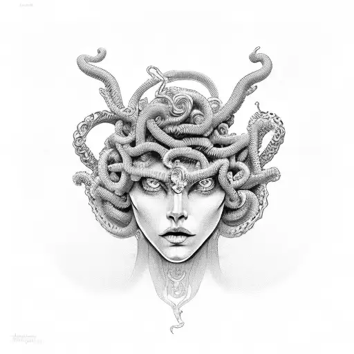 Medusa women head gold yellow eyes side look  tattoo design idea