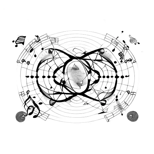 A neural network made up of musical notes and scientific symbols tattoo design idea