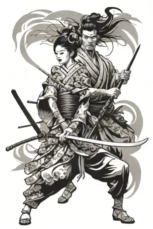 An artistic interpretation of a geisha and samurai facing off in a warzone tattoo design idea