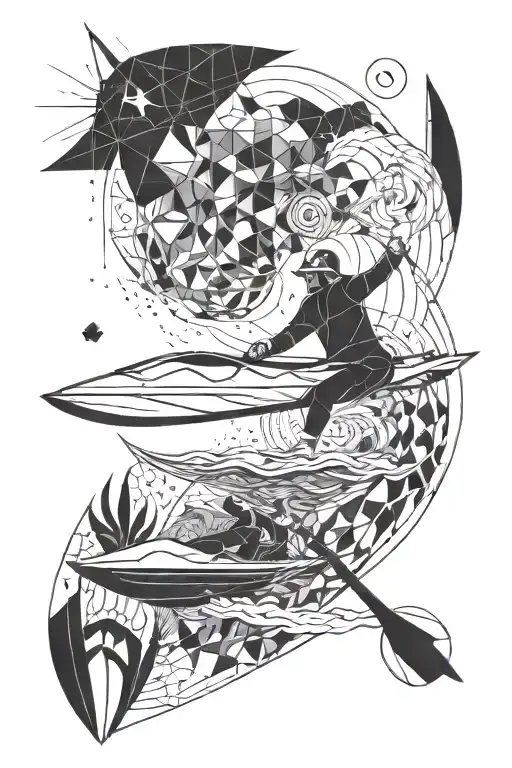 A geometric abstract design incorporating elements of kayaking and kitesurfing, with a water theme tattoo design idea