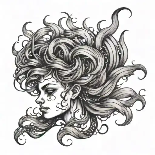Disturbed hair, wind waves, freedom of water and fire tattoo design idea