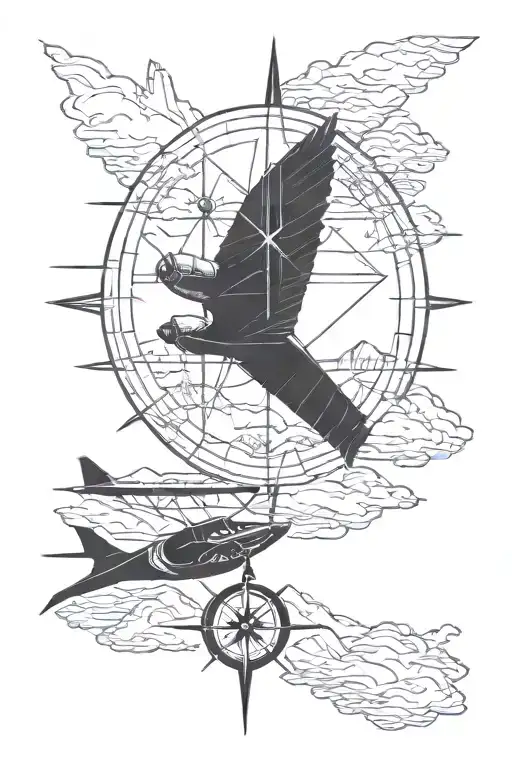 plane mountains  compass parachute lake tattoo design idea