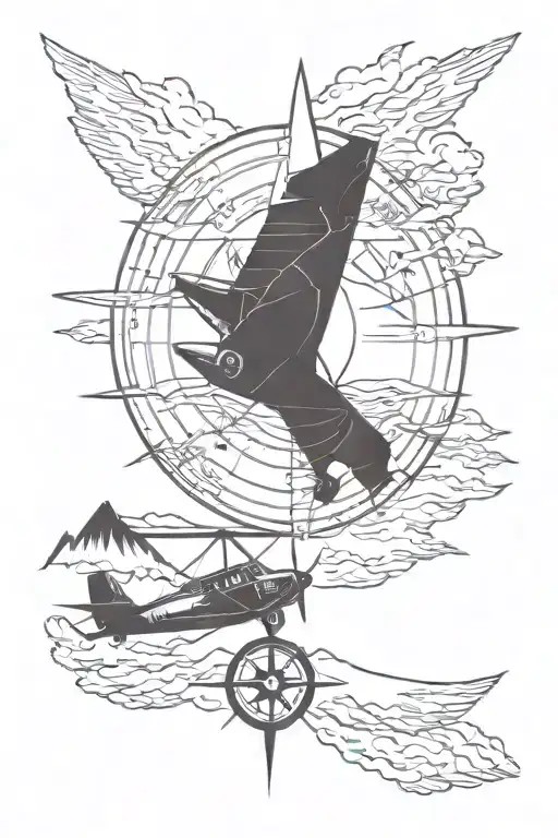 plane mountains  compass parachute lake tattoo design idea