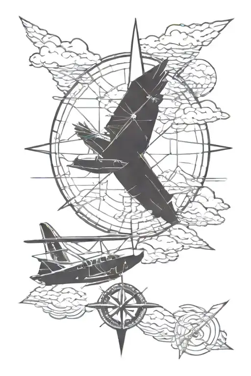 plane mountains  compass parachute lake tattoo design idea