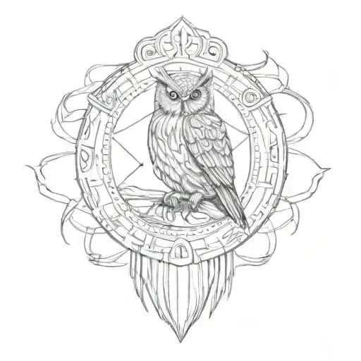 A viking shield with an owl perched on top, surrounded by runes tattoo design idea