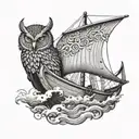 A viking longship with an owl figurehead, sailing through stormy seas tattoo design idea