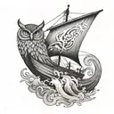 A viking longship with an owl figurehead, sailing through stormy seas tattoo design idea