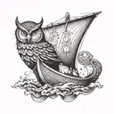 A viking longship with an owl figurehead, sailing through stormy seas tattoo design idea
