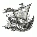 A viking longship with an owl figurehead, sailing through stormy seas tattoo design idea
