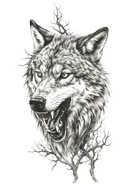 deep blue eyed snarling wolf  in the Forrest tattoo design idea