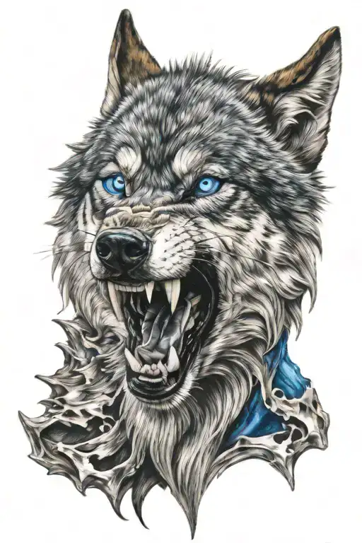 snarling wolf with blue eyes tattoo design idea