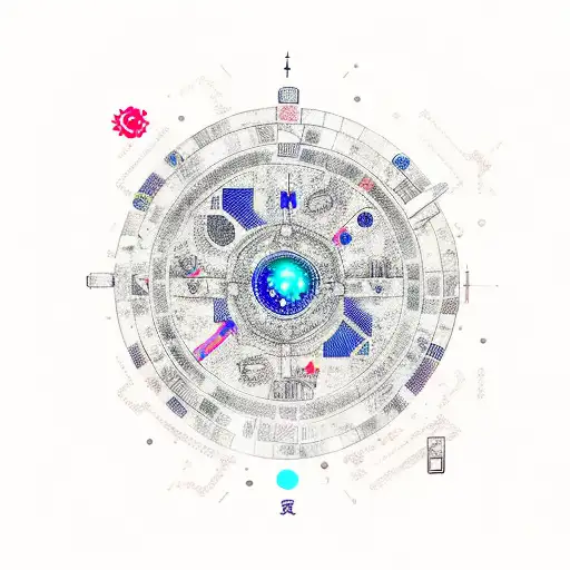 A futuristic cyberpunk gaming scene with elements of the zodiac signs incorporated, such as a constellation forming a game controller tattoo design idea