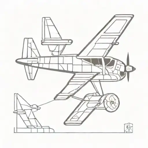 A geometric airplane design with intricate details of repairment tools integrated throughout, in a minimalist style tattoo design idea