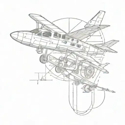 An abstract representation of aircraft repairment, featuring a plane surrounded by various tools, in a sketch style tattoo design idea