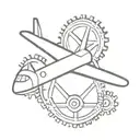 A stylized airplane silhouette with gears and wrenches as accents, in a minimalist style tattoo design idea