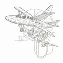 An abstract representation of aircraft repairment, featuring a plane surrounded by various tools, in a sketch style tattoo design idea