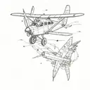 An abstract representation of aircraft repairment, featuring a plane surrounded by various tools, in a sketch style tattoo design idea