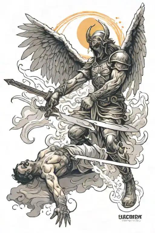 Angel killing a demon on the ground holding a sword with smoke coming out the demon due to the sun with a cross in it  tattoo design idea
