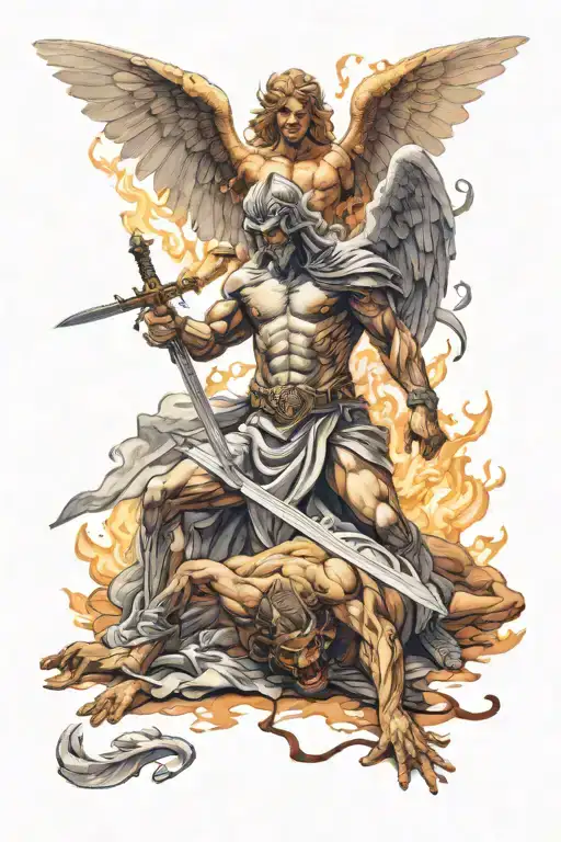 angel killing demon using sword about to pierce the demon laying on the ground with smoke coming out its body due to sun tattoo design idea