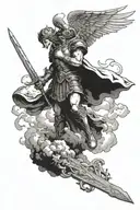 Saint Michael overpowering and defeating a demon on the ground holding a sword with shading, clouds, smoke incorporated  tattoo design idea